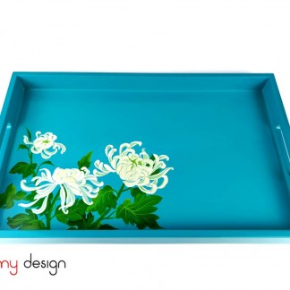 Blue rectangular lacquer tray with hand-painted chrysanthemums 28*45cm